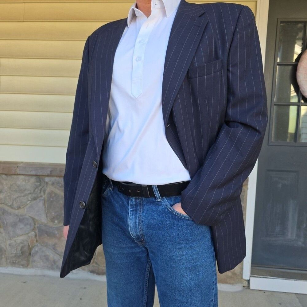 VTG Ralph Ralph Lauren Blazer Pinstripe Suit Jacket Men's 46L Navy 100% Wool